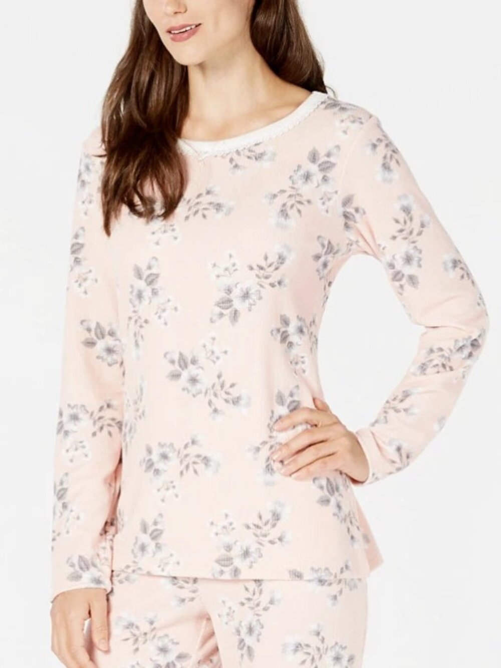 Charter Club Women's Thermal Fleece Pajama Top, Floral Shadow Pink, M
